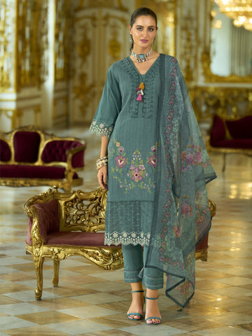 Varanga Women-Floral Motif Thread Embroidered Schiffli & Orangza Lace Detailed Kurta With Trouser & Dupatta